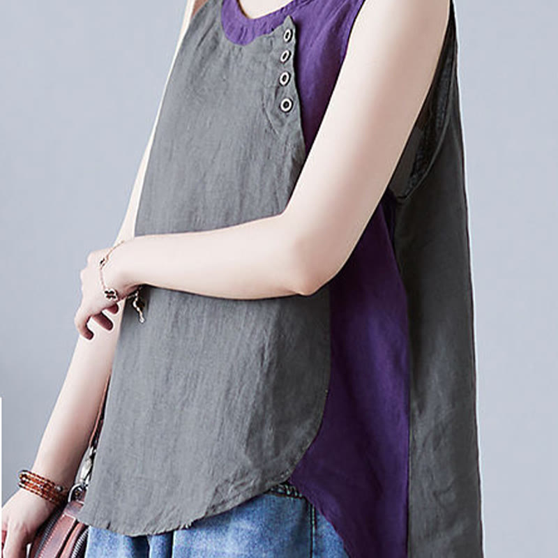 Gilet d'été en coton et lin pour femme, col ras du cou, fausses Buddha Stones , couleurs assorties, 2 pièces