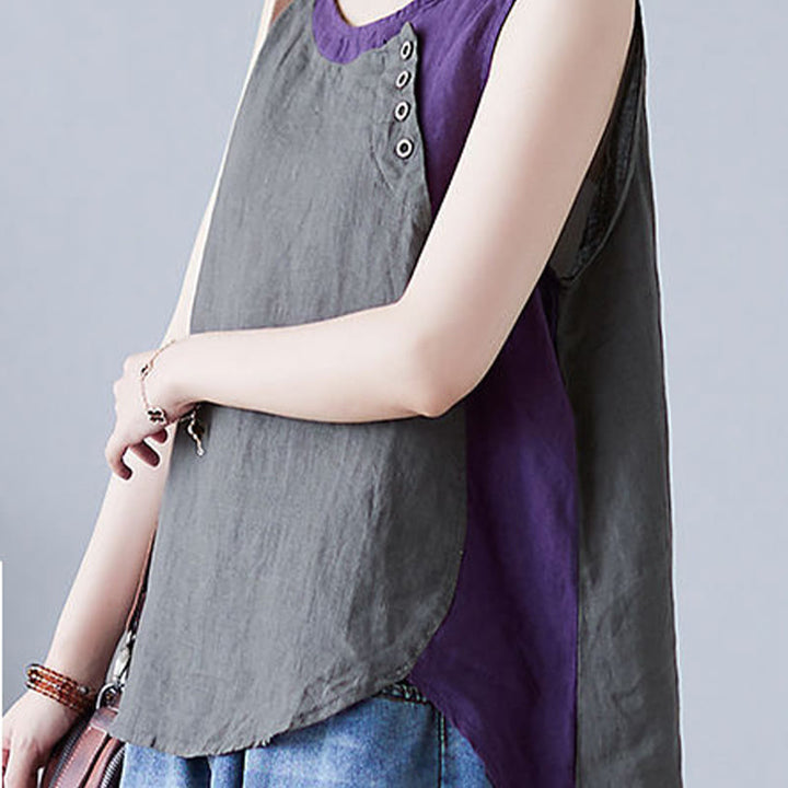 Gilet d'été en coton et lin pour femme, col ras du cou, fausses Buddha Stones , couleurs assorties, 2 pièces