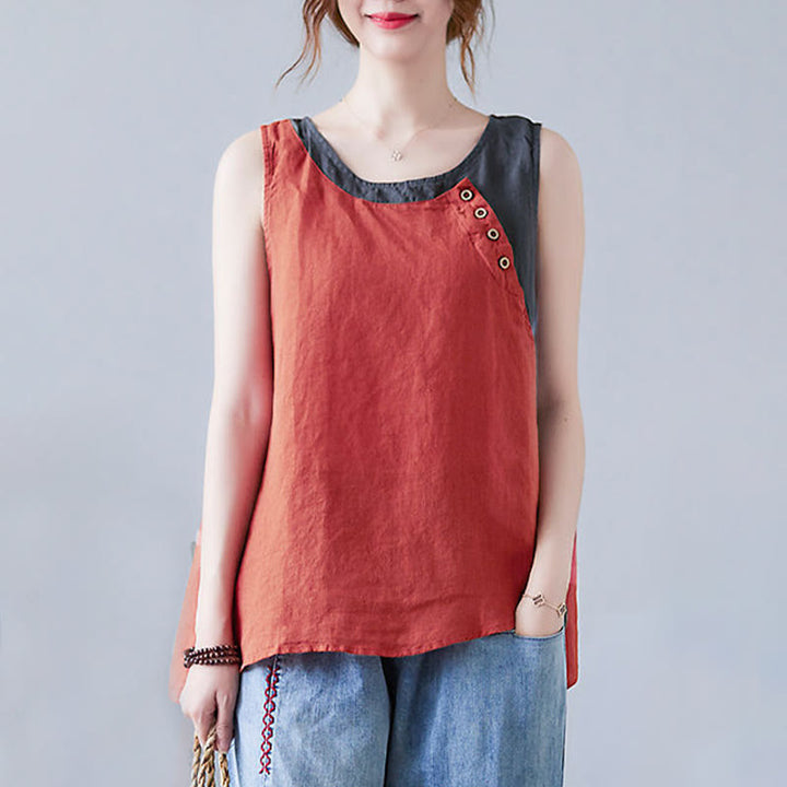 Gilet d'été en coton et lin pour femme, col ras du cou, fausses Buddha Stones , couleurs assorties, 2 pièces