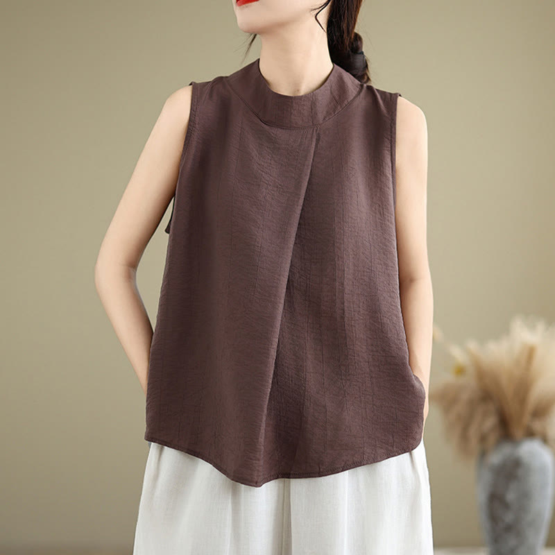 Gilet Buddha Stones manches décontracté en coton et lin avec col montant et boutons dans le dos pour femme - image 5