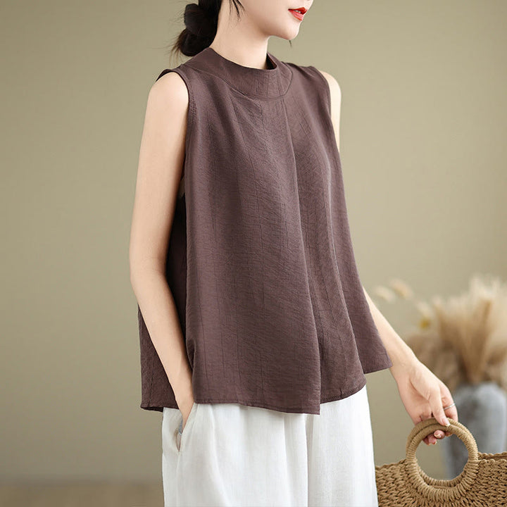 Gilet Buddha Stones manches décontracté en coton et lin avec col montant et boutons dans le dos pour femme - image 3