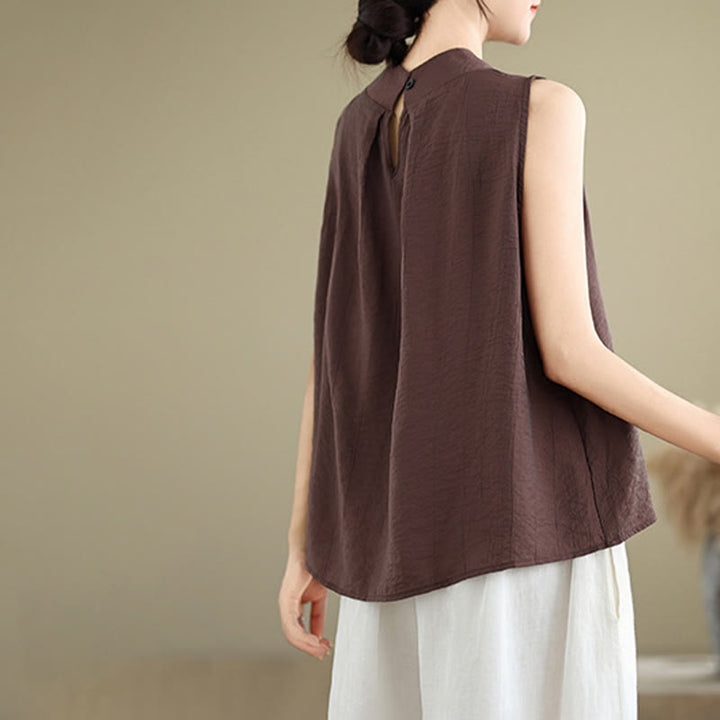 Gilet Buddha Stones manches décontracté en coton et lin avec col montant et boutons dans le dos pour femme - image 6