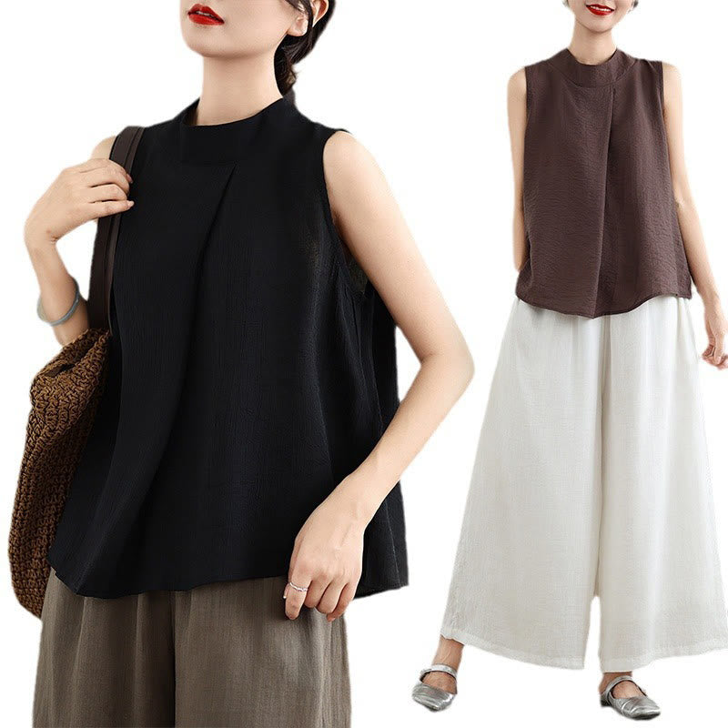 Gilet Buddha Stones manches décontracté en coton et lin avec col montant et boutons dans le dos pour femme - image 24