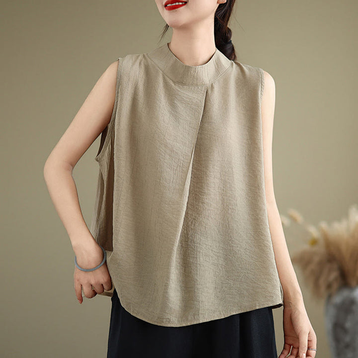 Gilet Buddha Stones manches décontracté en coton et lin avec col montant et boutons dans le dos pour femme - image 13