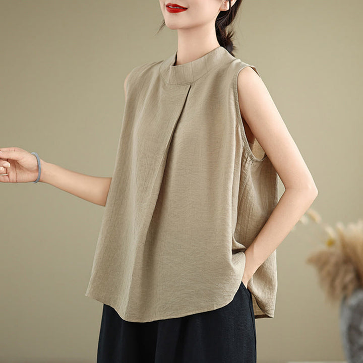 Gilet Buddha Stones manches décontracté en coton et lin avec col montant et boutons dans le dos pour femme - image 12