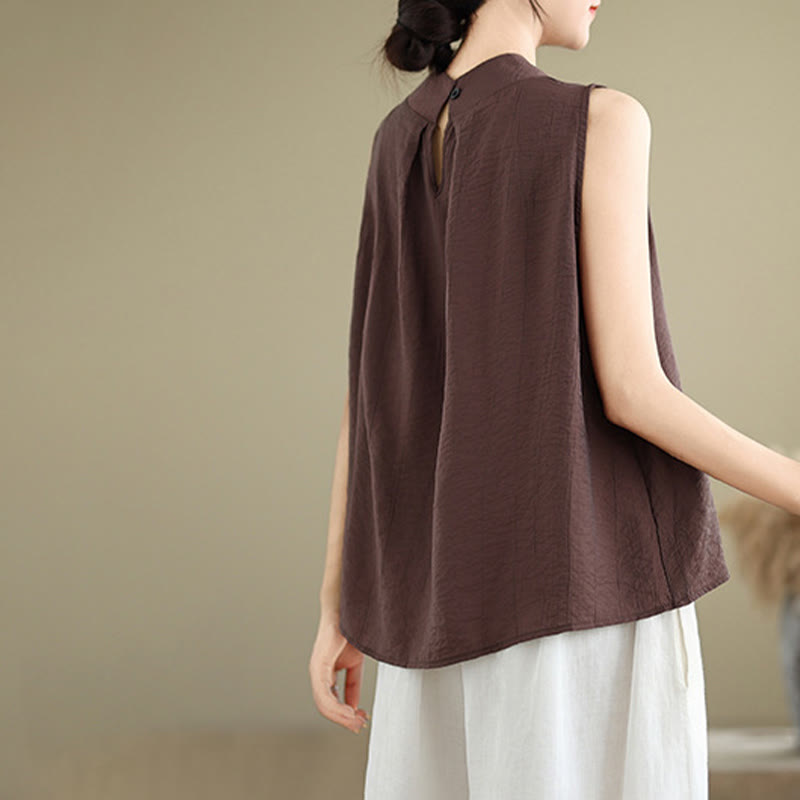 Gilet Buddha Stones manches décontracté en coton et lin avec col montant et boutons dans le dos pour femme - image 6