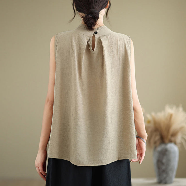 Gilet Buddha Stones manches décontracté en coton et lin avec col montant et boutons dans le dos pour femme - image 16