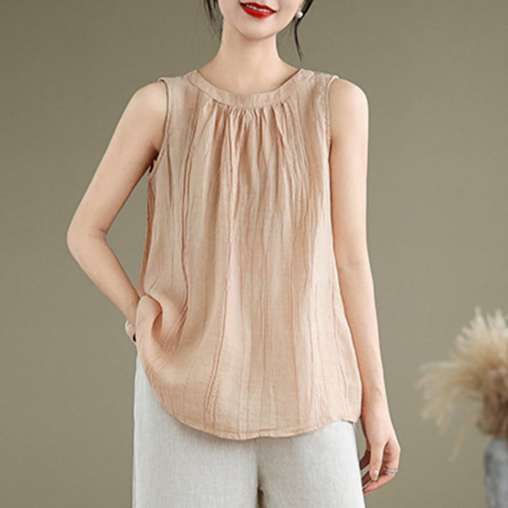 Gilet sans manches en coton et lin pour femme, col ras du cou, simple et élégant, motif Buddha Stones , été - image 27