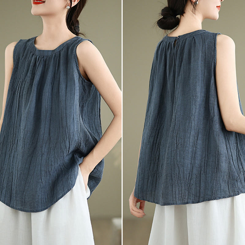 Gilet sans manches en coton et lin pour femme, col ras du cou, simple et élégant, motif Buddha Stones , été - image 19