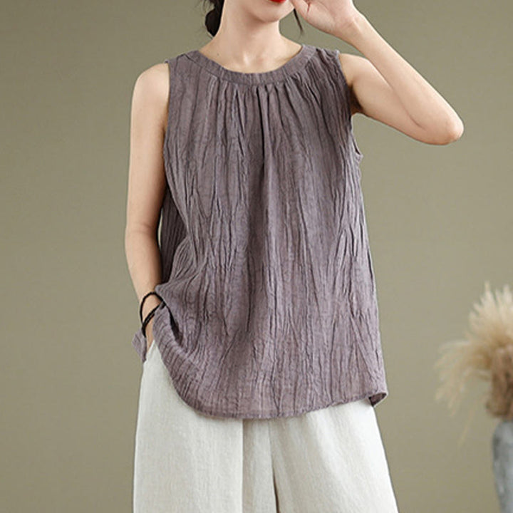 Gilet sans manches pour femme, col rond, motif froissé d'été, style simple, Buddha Stones - image 24