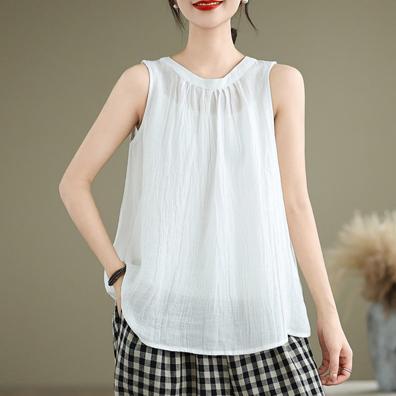 Gilet sans manches en coton et lin pour femme, col ras du cou, simple et élégant, motif Buddha Stones , été - image 11