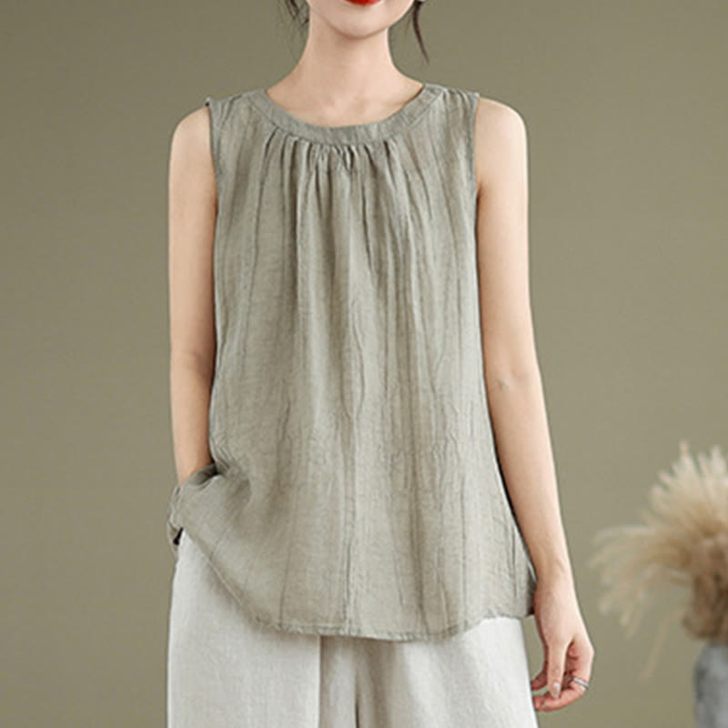 Gilet sans manches pour femme, col rond, motif froissé d'été, style simple, Buddha Stones - image 1