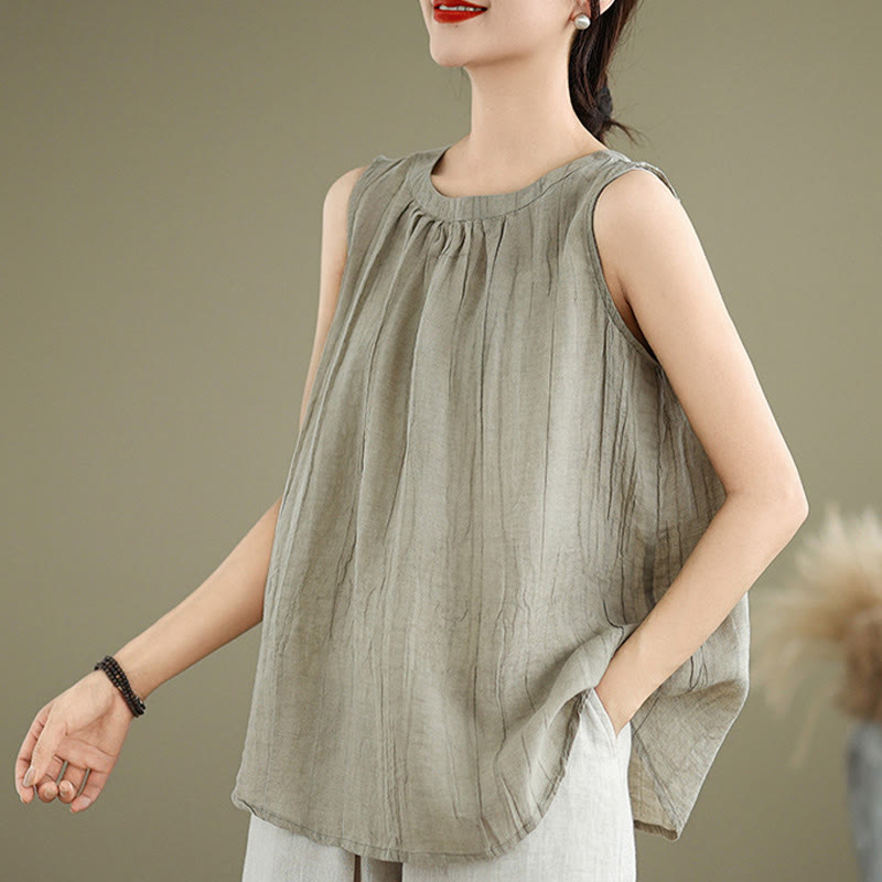 Gilet sans manches pour femme, col rond, motif froissé d'été, style simple, Buddha Stones - image 3