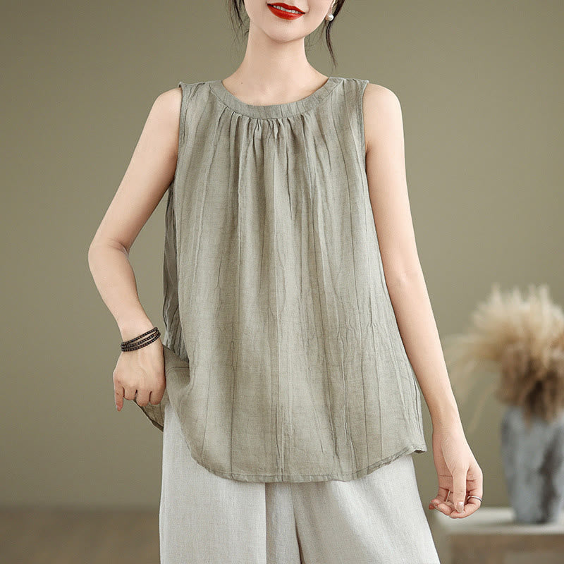Gilet sans manches en coton et lin pour femme, col ras du cou, simple et élégant, motif Buddha Stones , été - Kaki foncé - US8-10，UK/AU12-14，EU40-42 (2XL) - image 0
