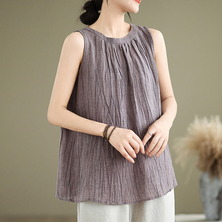 Gilet sans manches en coton et lin pour femme, col ras du cou, simple et élégant, motif Buddha Stones , été - image 25
