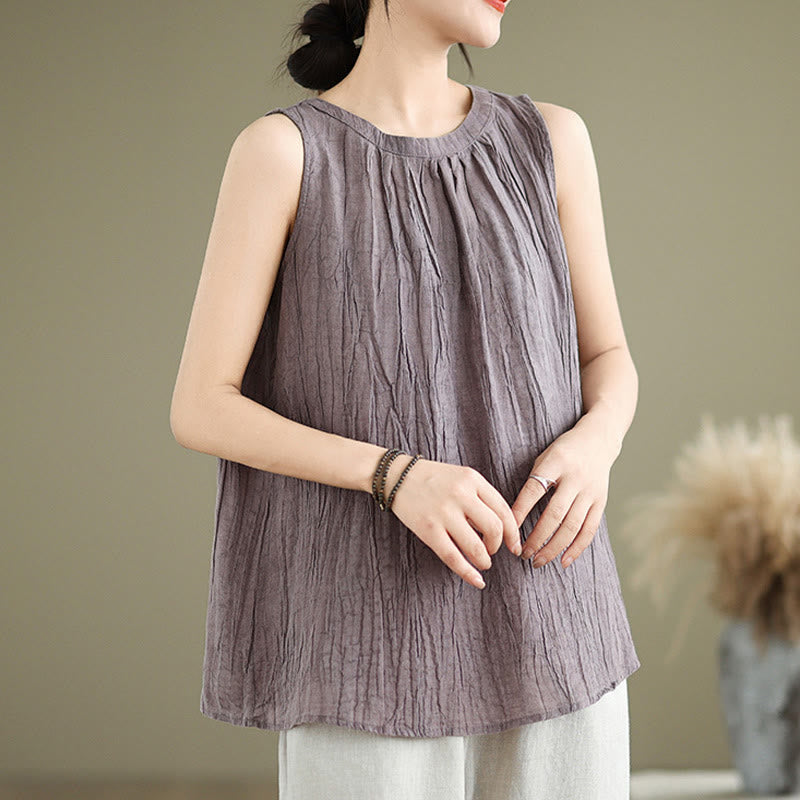 Gilet sans manches pour femme, col rond, motif froissé d'été, style simple, Buddha Stones - image 25