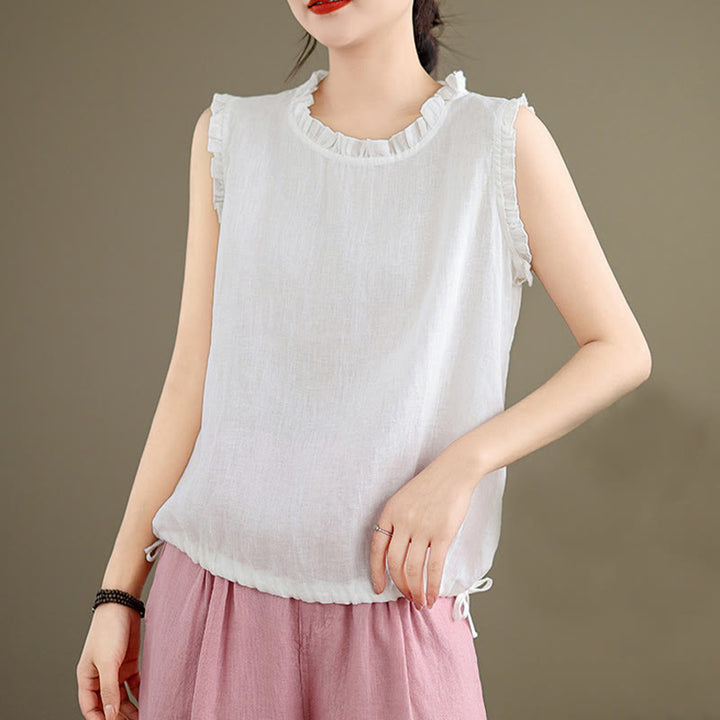 Gilet d'été sans manches en coton et lin avec cordon de serrage et motif Buddha Stones pour femme - image 24