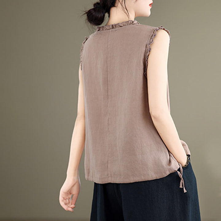 Gilet d'été sans manches en coton et lin avec cordon de serrage et motif Buddha Stones pour femme - image 16