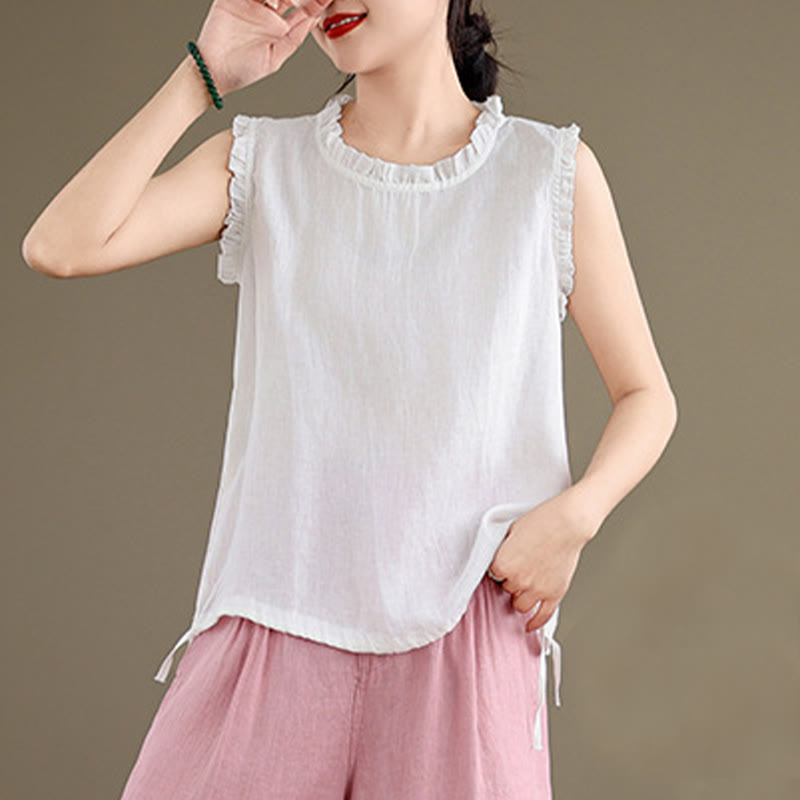 Gilet d'été sans manches en coton et lin avec cordon de serrage et motif Buddha Stones pour femme - image 23