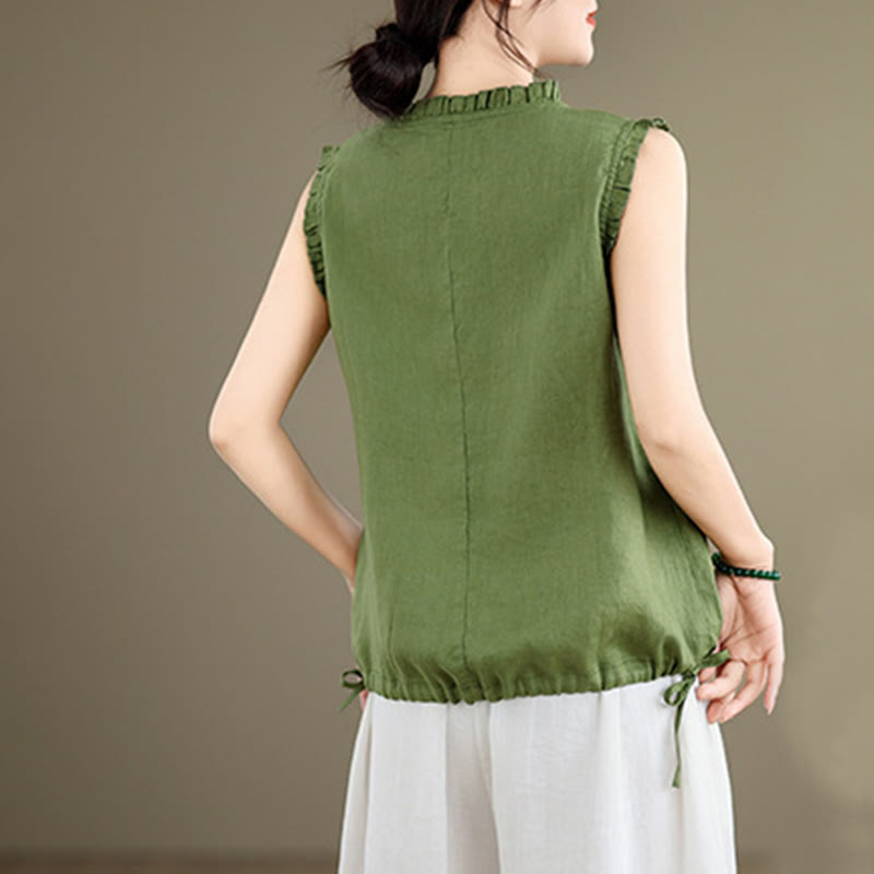 Gilet d'été sans manches en coton et lin avec cordon de serrage et motif Buddha Stones pour femme - image 3
