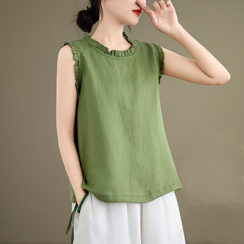 Gilet d'été sans manches en coton et lin avec cordon de serrage et motif Buddha Stones pour femme - image 4