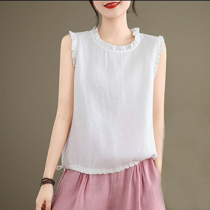 Gilet d'été sans manches en coton et lin avec cordon de serrage et motif Buddha Stones pour femme - image 22