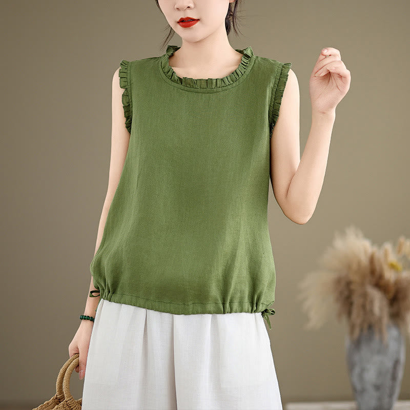 Gilet d'été sans manches en coton et lin avec cordon de serrage et motif Buddha Stones pour femme - Vert citron - US8-10，UK/AU12-14，EU40-42 (2XL) - image 0