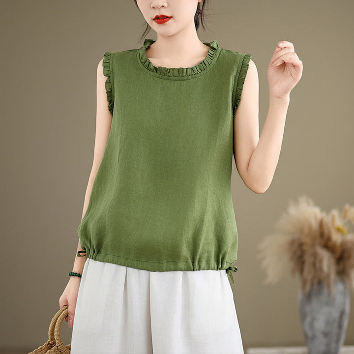 Gilet d'été sans manches en coton et lin avec cordon de serrage et motif Buddha Stones pour femme - Vert citron - US8-10，UK/AU12-14，EU40-42 (2XL) - image 0