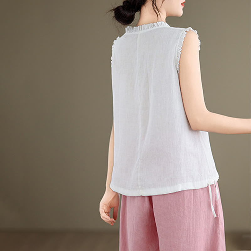 Gilet d'été sans manches en coton et lin avec cordon de serrage et motif Buddha Stones pour femme - image 21