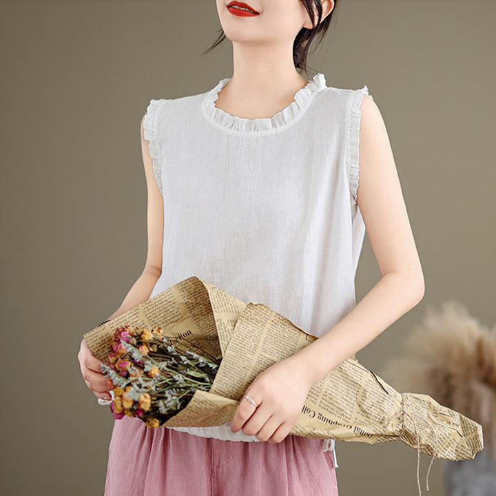 Gilet d'été sans manches en coton et lin avec cordon de serrage et motif Buddha Stones pour femme - image 25