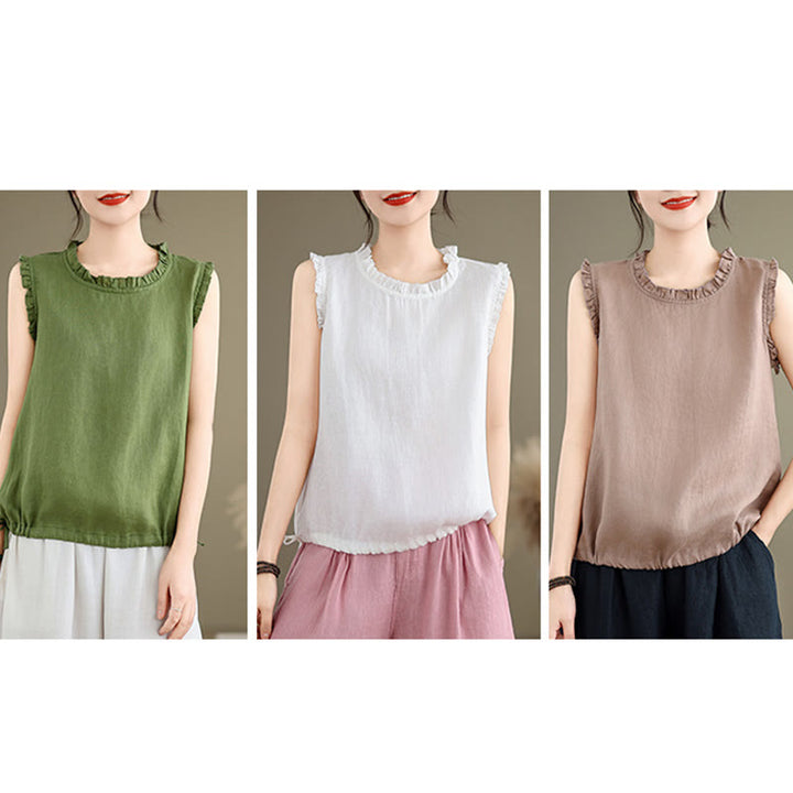 Gilet d'été sans manches en coton et lin avec cordon de serrage et motif Buddha Stones pour femme - image 28