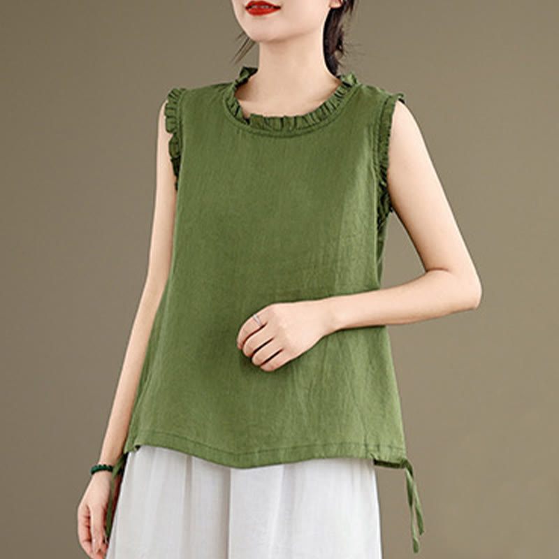 Gilet d'été sans manches en coton et lin avec cordon de serrage et motif Buddha Stones pour femme - image 1