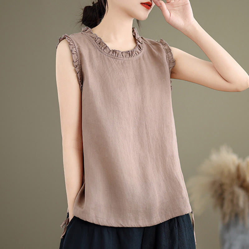 Gilet d'été sans manches en coton et lin avec cordon de serrage et motif Buddha Stones pour femme - image 17