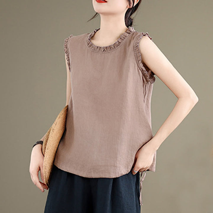 Gilet d'été sans manches en coton et lin avec cordon de serrage et motif Buddha Stones pour femme - image 15