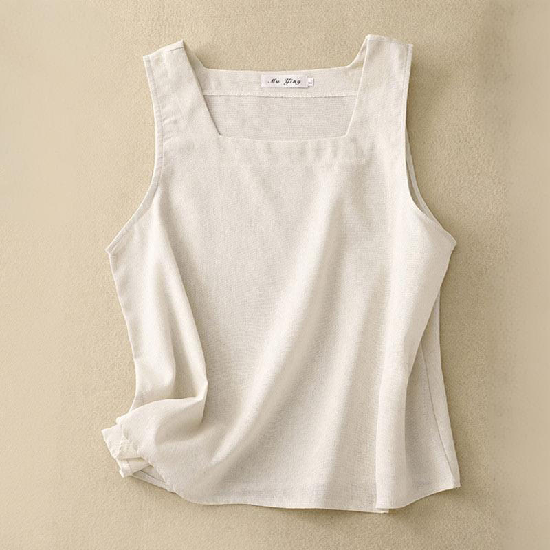 Gilet d'été sans manches en coton et lin à col carré pour femme avec Buddha Stones - Beige - US8-10，UK/AU12-14，EU40-42 (2XL) - image 4