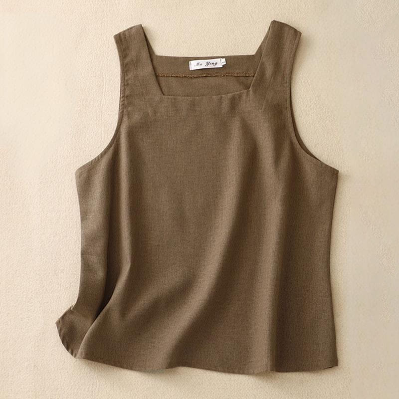 Gilet d'été sans manches en coton et lin à col carré pour femme avec Buddha Stones - Terre de sienne - US8-10，UK/AU12-14，EU40-42 (2XL) - image 0