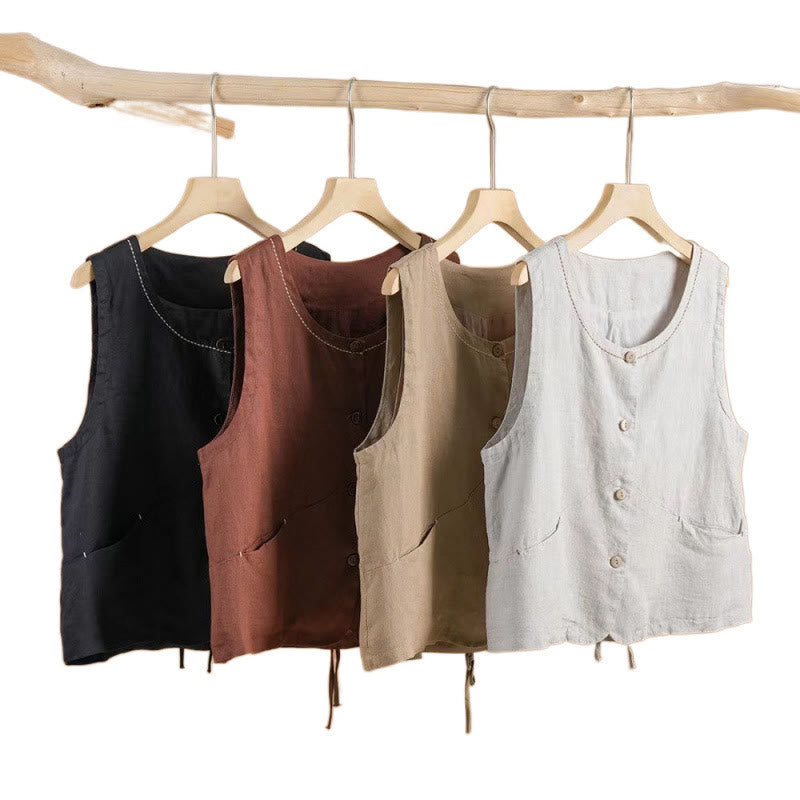 Gilet simple boutonnage sans manches en coton et lin avec poches pour femme Buddha Stones - image 5