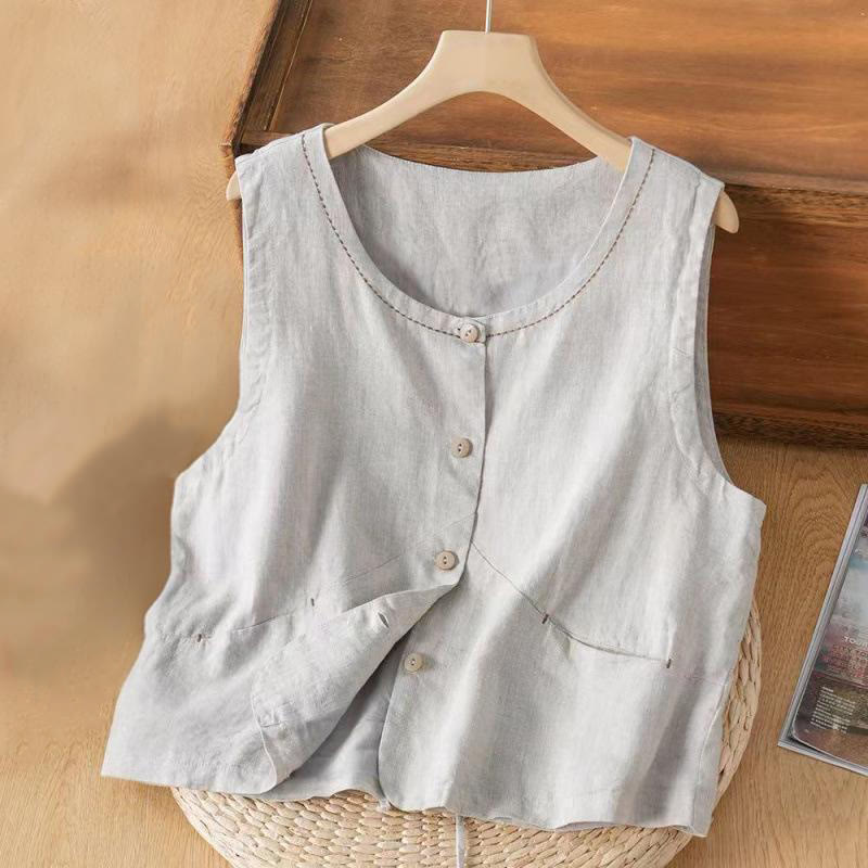 Gilet sans manches à un boutonnage, en coton et lin, avec poches, orné de Buddha Stones - Gris clair - US8-10，UK/AU12-14，EU40-42 (2XL) - image 1