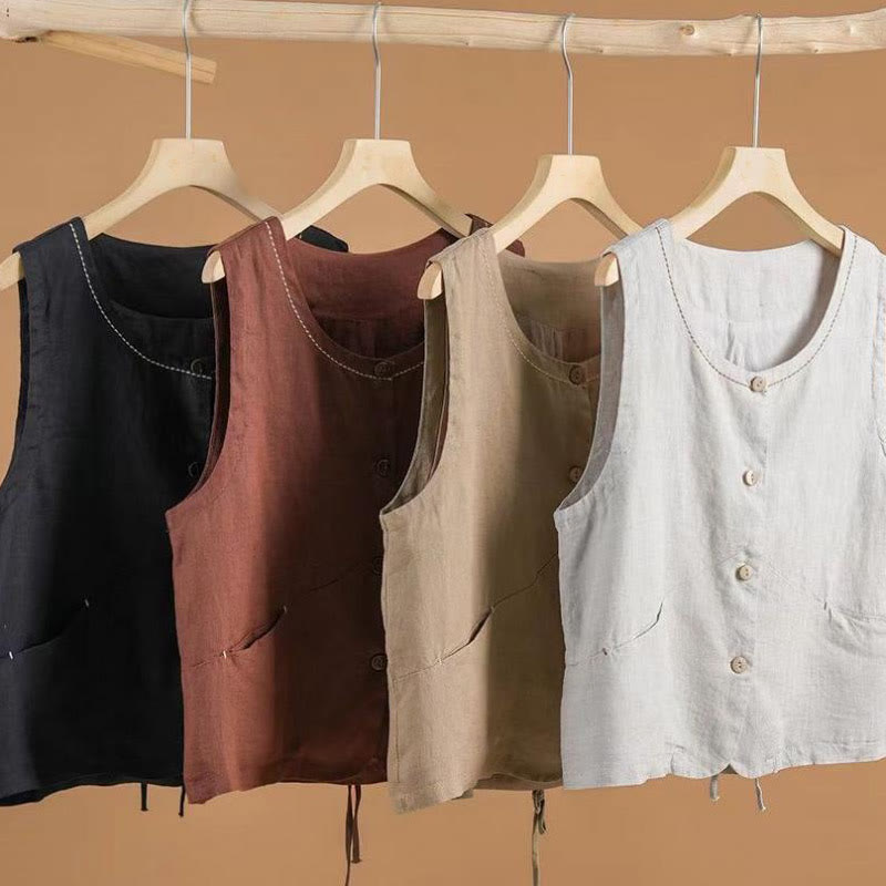 Gilet simple boutonnage sans manches en coton et lin avec poches pour femme Buddha Stones - image 4