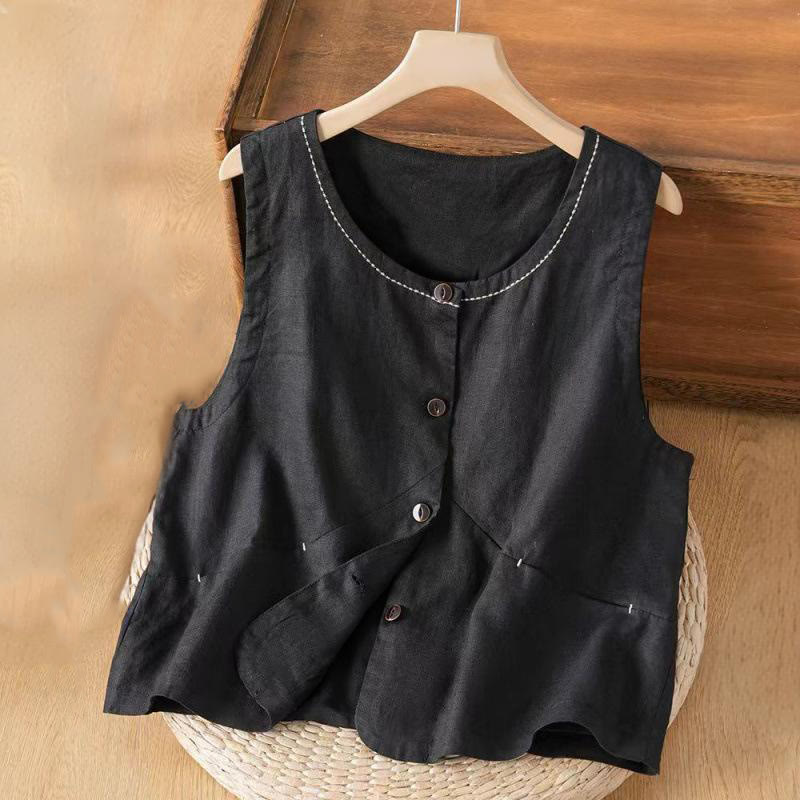 Gilet sans manches à un boutonnage, en coton et lin, avec poches, orné de Buddha Stones - Noir - US8-10，UK/AU12-14，EU40-42 (2XL) - image 2