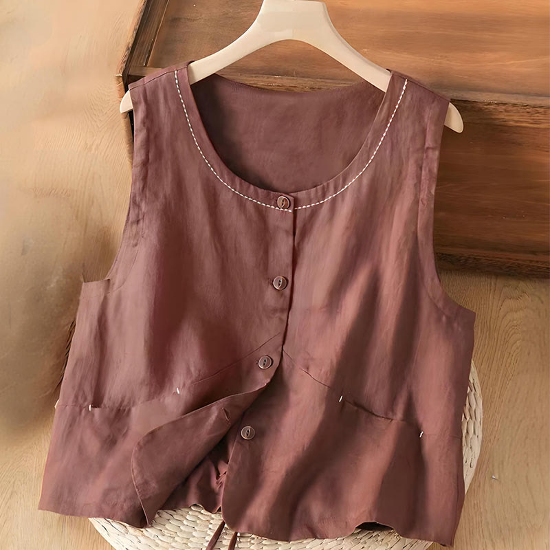 Gilet simple boutonnage sans manches en coton et lin avec poches pour femme Buddha Stones - Brun - US8-10，UK/AU12-14，EU40-42 (2XL) - image 3