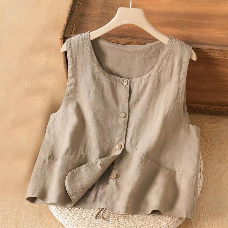Gilet sans manches à un boutonnage, en coton et lin, avec poches, orné de Buddha Stones - BurlyWood - US8-10，UK/AU12-14，EU40-42 (2XL) - image 0