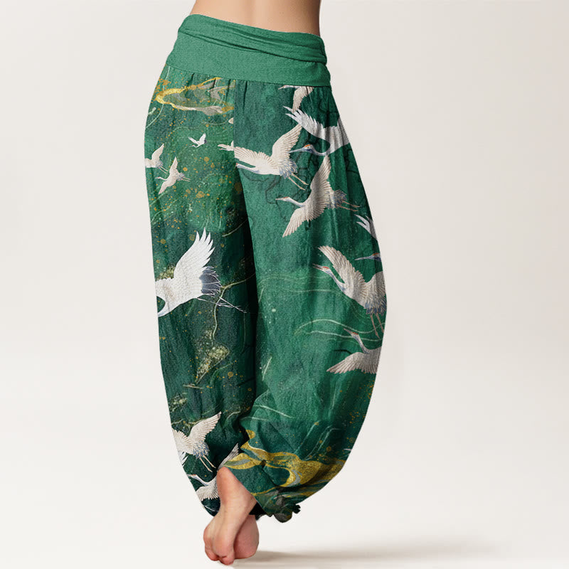 Pantalon harem à taille élastique pour femme, en coton, orné de Buddha Stones, de grues blanches volantes et de nuages ​​porte-bonheur - image 1