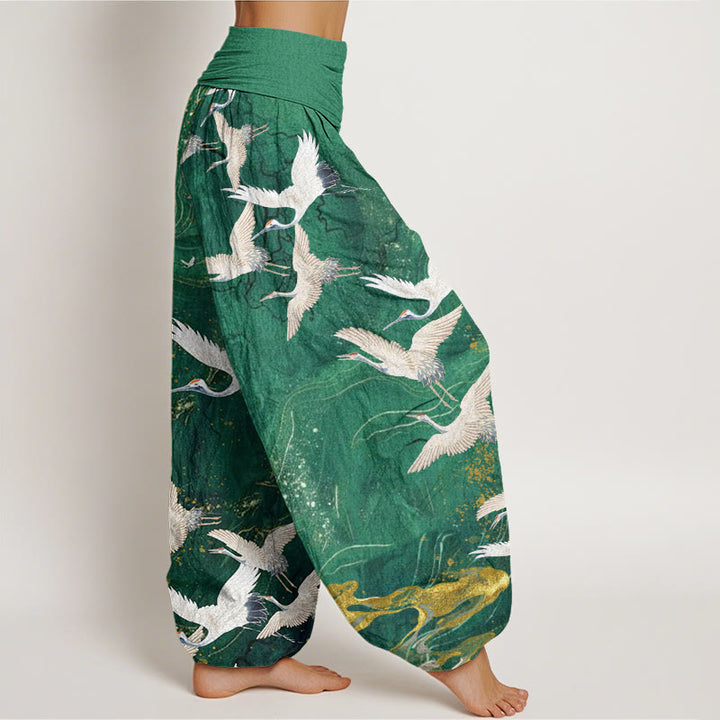 Pantalon harem à taille élastique pour femme, en coton, orné de Buddha Stones, de grues blanches volantes et de nuages ​​porte-bonheur - image 2