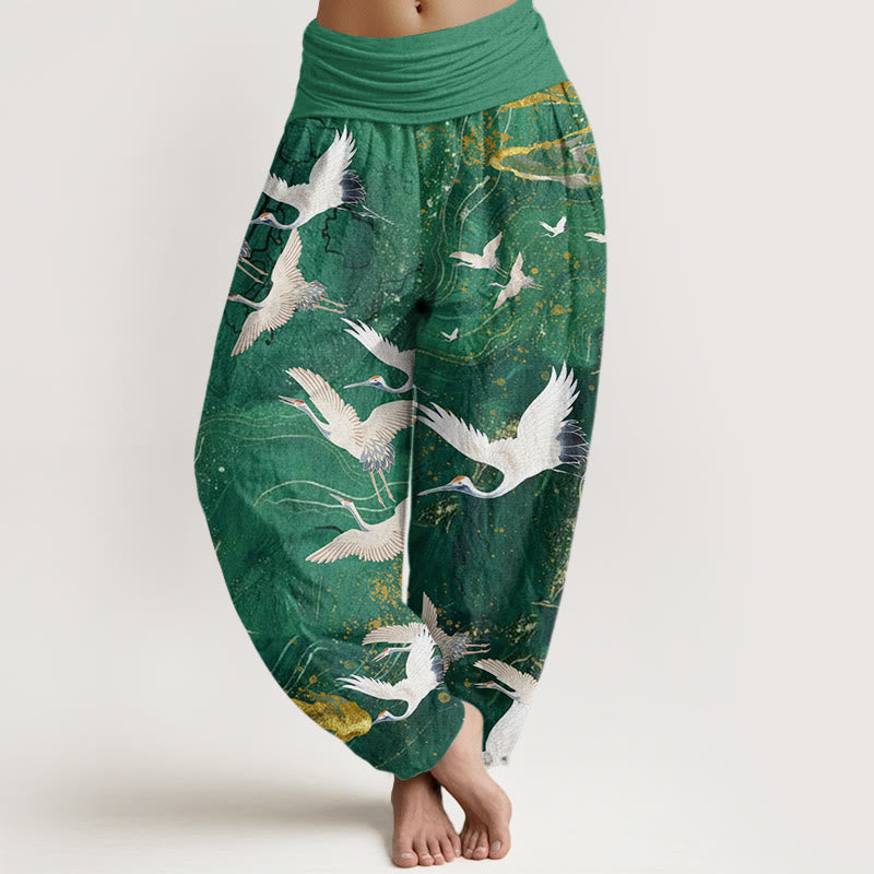 Pantalon harem à taille élastique pour femme, en coton, orné de Buddha Stones, de grues blanches volantes et de nuages ​​porte-bonheur - Vert printanier moyen - US22，UK/AU26，EU54 (6XL) - image 0