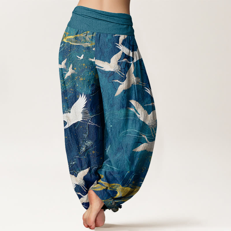 Pantalon harem à taille élastique pour femme, en coton, orné de Buddha Stones, de grues blanches volantes et de nuages ​​porte-bonheur - image 5