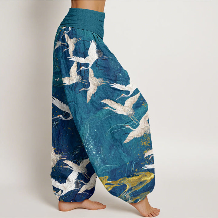 Pantalon harem à taille élastique pour femme, en coton, orné de Buddha Stones, de grues blanches volantes et de nuages ​​porte-bonheur - image 6