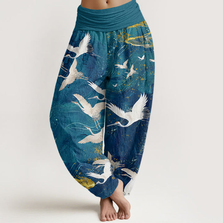 Pantalon harem à taille élastique pour femme, en coton, orné de Buddha Stones, de grues blanches volantes et de nuages ​​porte-bonheur - DarkCyan - US22，UK/AU26，EU54 (6XL) - image 4