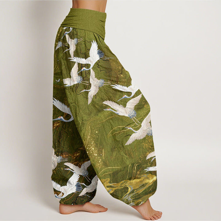 Pantalon harem à taille élastique pour femme, en coton, orné de Buddha Stones, de grues blanches volantes et de nuages ​​porte-bonheur - image 9