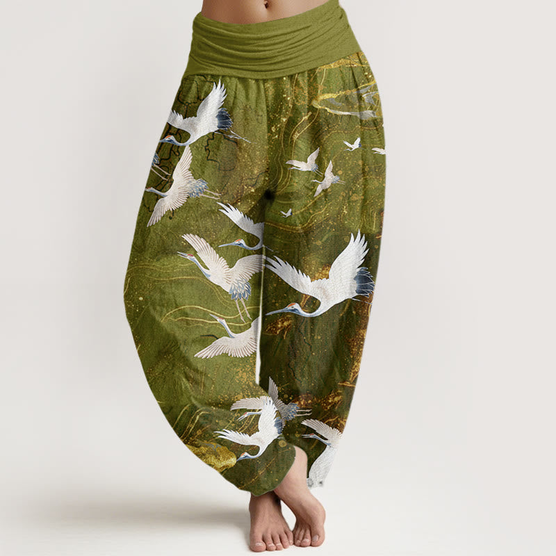 Pantalon harem à taille élastique pour femme, en coton, orné de Buddha Stones, de grues blanches volantes et de nuages ​​porte-bonheur - JauneVert - US22，UK/AU26，EU54 (6XL) - image 7